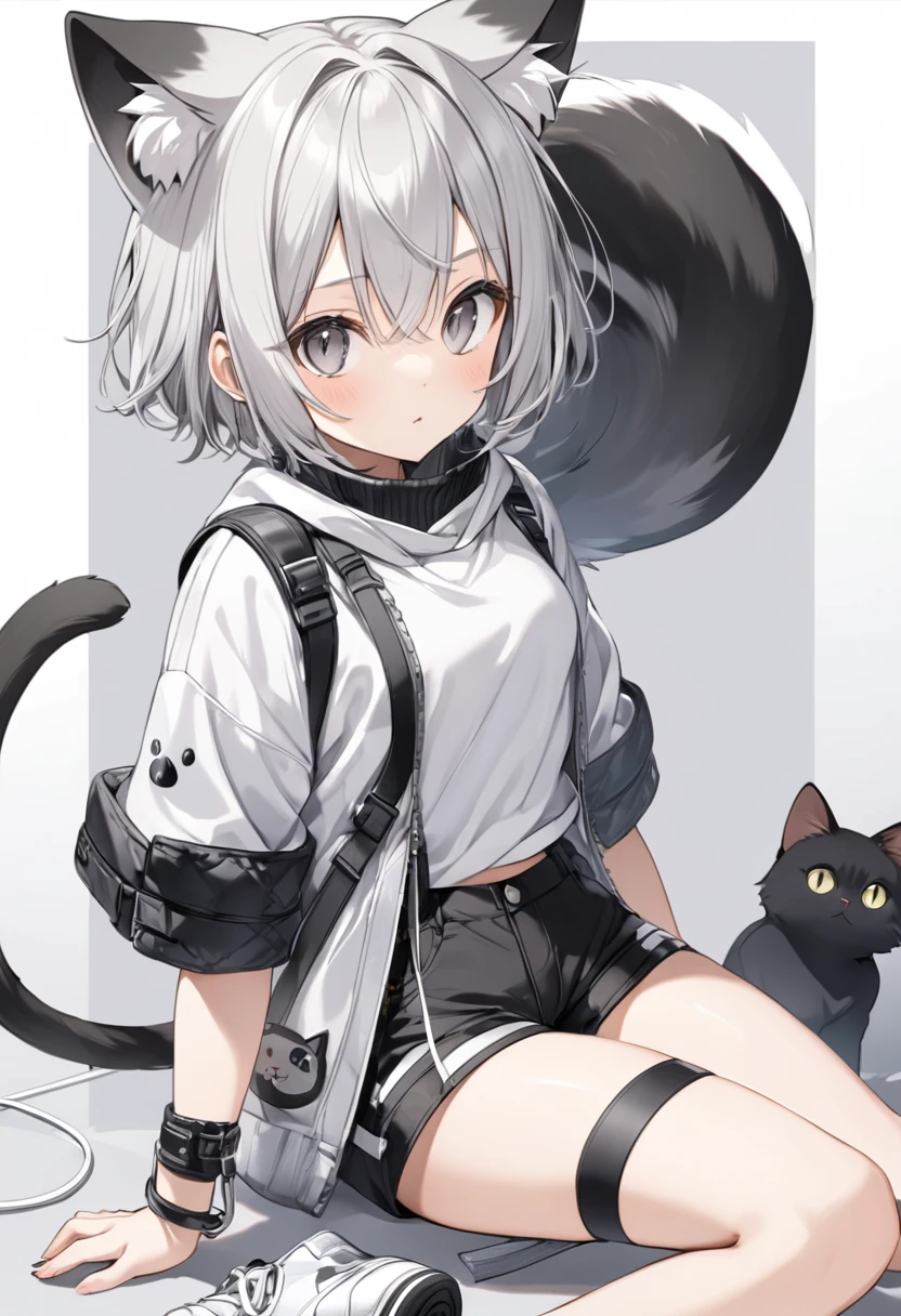 short hair, (Gray eyes:1.5),  animal ears, tail, Silver hair, shorts,  Cat ear, Cat&#39;s Tail,  Bikini Swimwear(small breast:1.2), BREAK looking at viewer, BREAK outside, BREAK (masterpiece:1.2), best quality, high resolution, unity 8k wallpaper, (illustration:0.8), (beautiful detailed eyes:1.6), extremely detailed face, perfect lighting, extremely detailed CG, (perfect hands, perfect anatomy),whole body