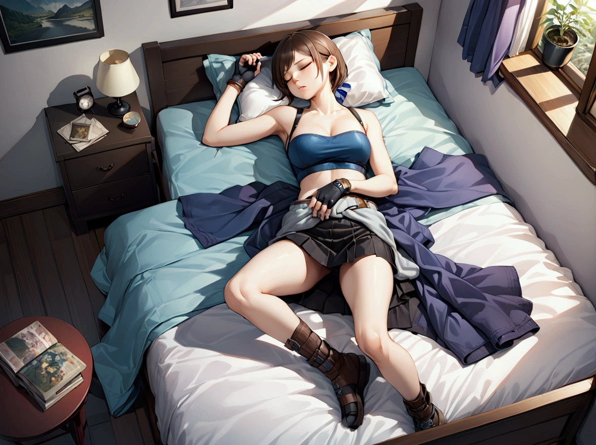 realistic anime illustration of Jill Valentine is sleeping on bed, closed eyes, above view, bird eyes view, she wears : {RE3Jill, tube top, clothes around waist, black skirt, fingerless gloves, cleavage}, (1girl, solo, full body), (masterpiece, best quality, japanese anime style)