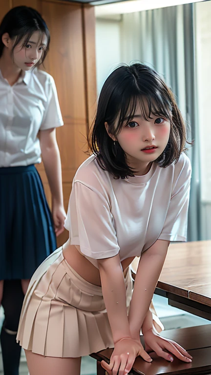 NSFW、super detailed、High resolution、transcendental beauty　highest quality、masterpiece、navy high socks、Majimix Real、(Raw photo:1.2)、(Photoreal:1.4)、beauty in beautiful details　and delicate expression、blonde、((I can see my))(squat)、earrings、eyelash、sparkling eyes、glossy lips、beautiful and fine eyes、huge file size、、(Japanese girls&#39; high school uniform))、very detailed expression、finely、Highly detailed face movie lighting、18 year old girl、positive、((dynamic pose)))、(open stance))、(Skirt from bottom to top:1.5), pleated skirt、blazer、sexy upper eyes, (Spread your crotch to show your:1.5), (no pantiesー:1.5), (black short hair:1.5), (wet pussy:1.5), (no panties:1.8)、