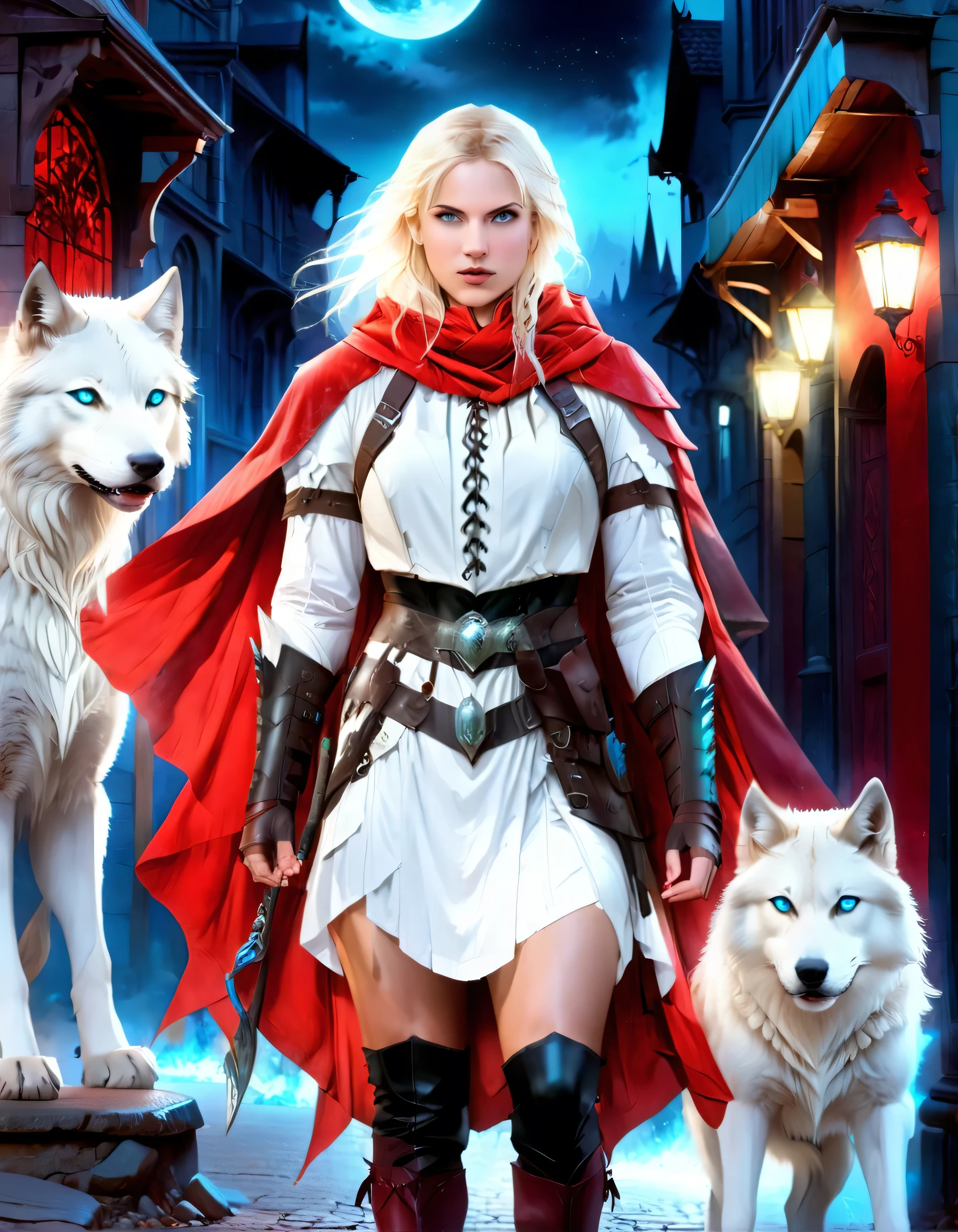 fantasy art, RPG art, ultra wide shot, RAW, photorealistic, a picture of female human ranger and her (white: 1.4) wolf pet, the ranger, an exquisite beautiful human woman, long blond hair, braided hair, green eyes, wearing leather dress, wearing (red cloak: 1.1), wearing high heeled boots, standing in a fantasy goth street at night, an epic ((white)) wolf stands near her, glowing blue eyes, protecting her, fantasy goth street at night background, best quality, 16k, [ultra detailed], masterpiece, best quality, (ultra detailed), full body, ultra wide shot, photorealism