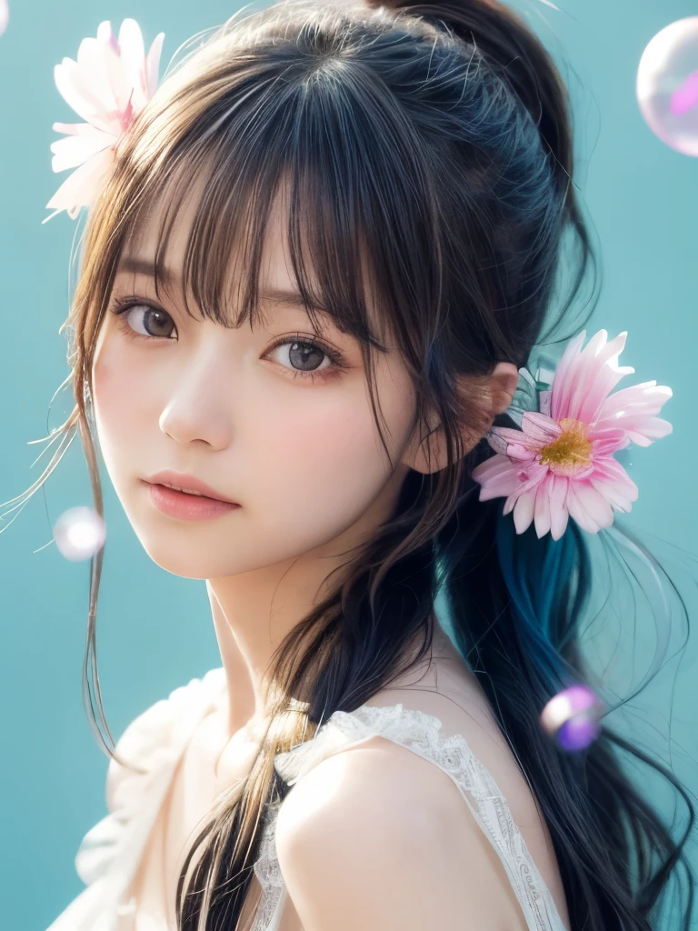 (masterpiece), (Highest quality), (Super detailed),(Messy hair),(【An illustration】), (One girl), (Fashionable clothes), Standing, Fashion Model, Make eye contact, (Interview), (Simple Background),Beautiful detailed eyes,Shining, mysterious eyes that store light, Delicate and beautiful face,Soft skin texture,Soft and attractive lips, floating,(High saturation),(Brilliant splashes),Colorful bubbles],(The Shining), Focused on the face,  ponytail, Ayaka Kamisato, Light blue hair, bangs, Hair Ring, Floating flowers, Floating hair, (The Shining), {Best lighting, Best Shadow,