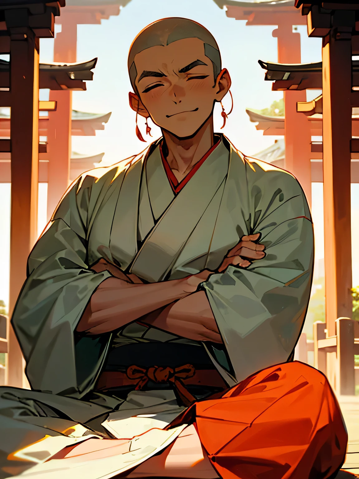 front view,solo, (indian style:1.2),(male), (all shaved head),big forehead, male thin eyes, male nose, male mouth,(Japanese monk clothes),crossed arms, closed eyes smile , Sunny Kyoto, bridge
