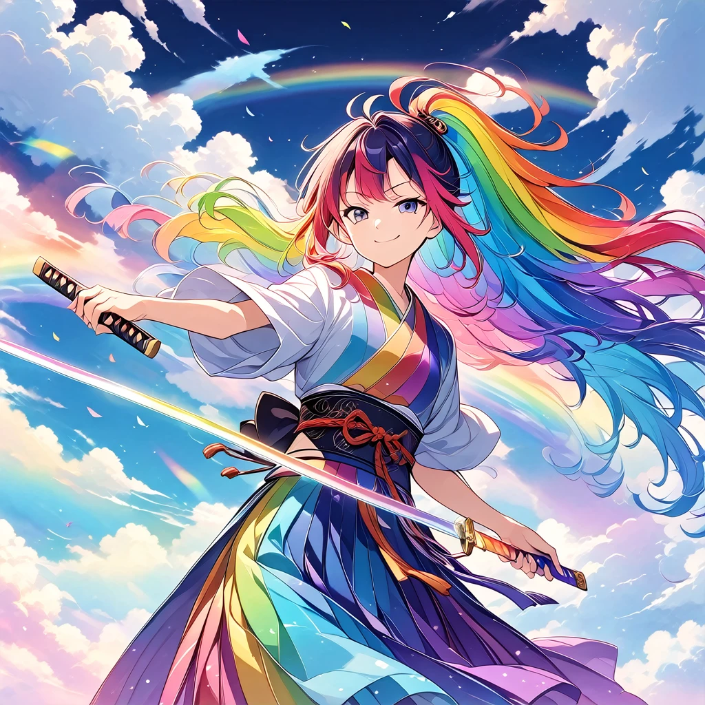 ((Official illustration style)),Female samurai holding a sword,Rainbow Sword,刀をnullに掲げる,A strained smile,smug face,The cloud splits in two,mysterious,The rainbow breaks,Rainbow-colored kimono,Rainbow hair,Hair blowing in the wind,Glowing background,null