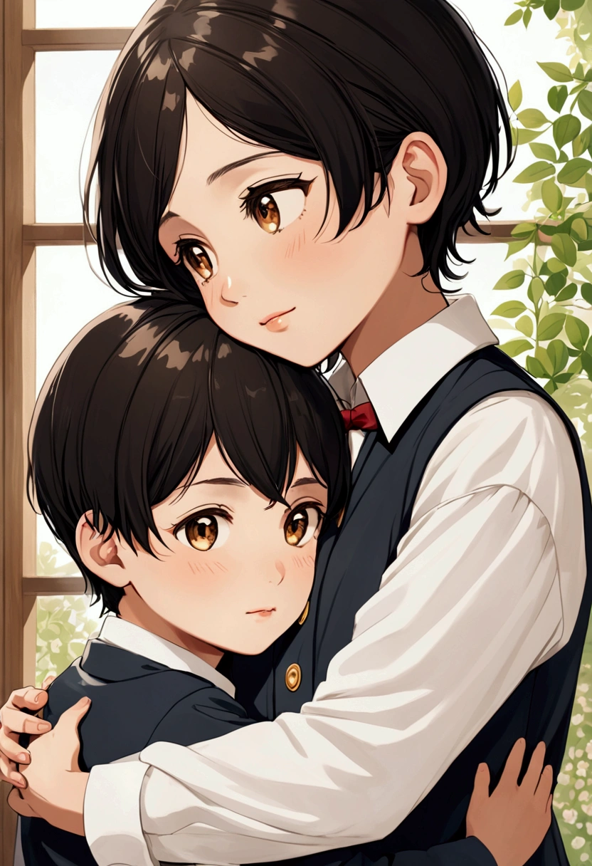 (Masterpiece), (best quality), ((super-detailed)), (shotaoni:1.5),((1 Child boy and 1 adult mature male)), (gay), looking at another, (The child boy in power)、Adult male obeying the orders of the child master boy,happy face