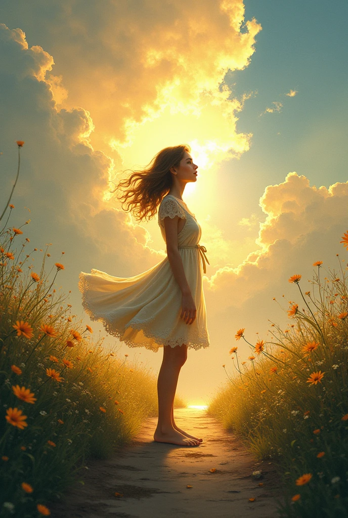 A girl is standing under the sky, sunset background, white dress with light bulb stream, windy,
