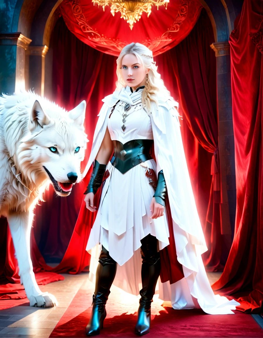 fantasy art, RPG art, ultra wide shot, RAW, photorealistic, a picture of woman and her (white: 1.4) wolf pet, the woman,  an exquisite beautiful human woman, long blond hair, braided hair, green eyes, wearing elegant silk dress, intricate dress,  wearing (red cloak: 1.1), wearing high heeled boots, standing in a fantasy ballroom, an epic ((white)) wolf stands near her, glowing blue eyes, protecting her, fantasy ballroom at night background, best quality, 16k, [ultra detailed], masterpiece, best quality, (ultra detailed), full body, ultra wide shot, photorealism