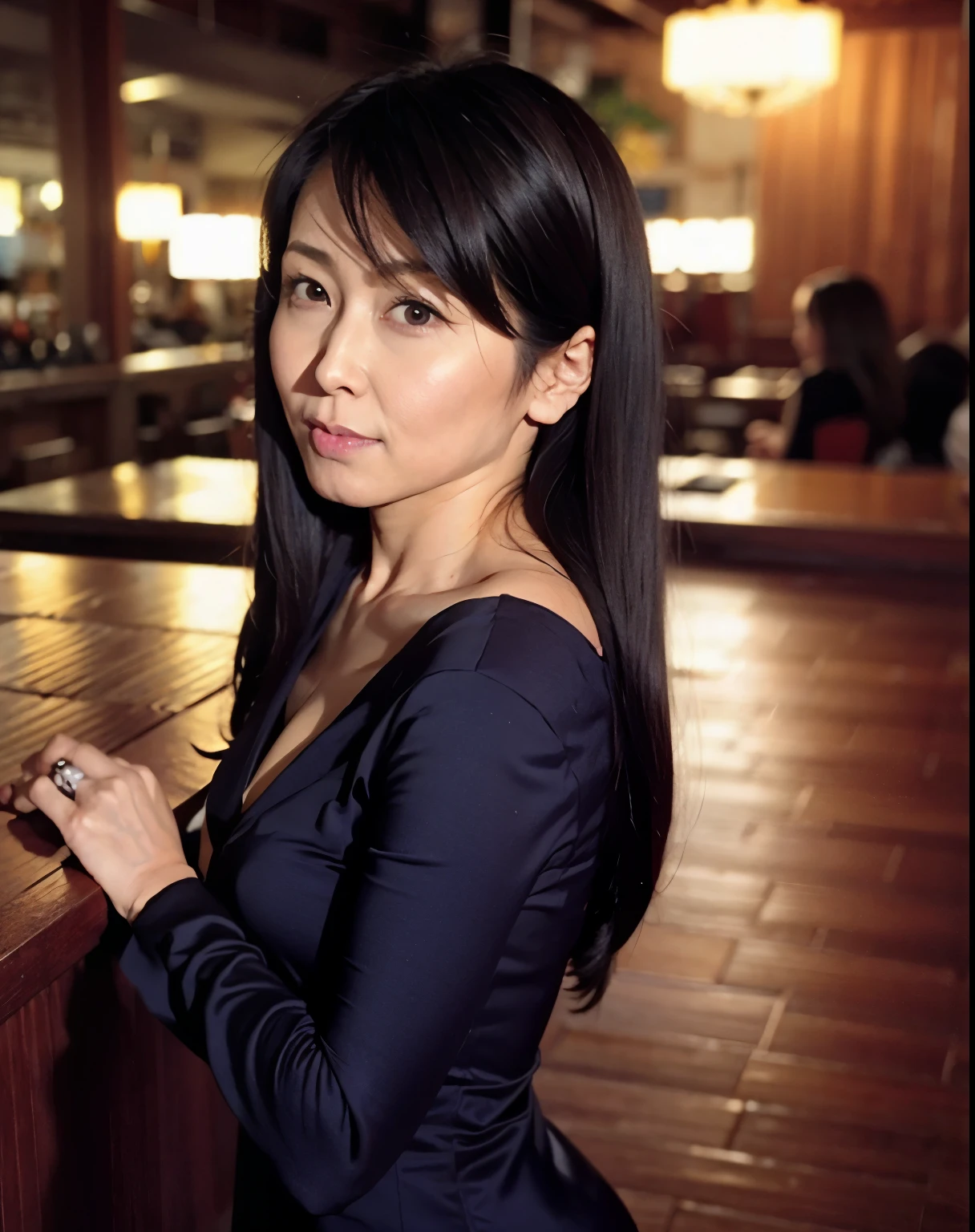 40 years old、Beauty、Long Black Hair、Slim Body、Flat Chest、No overalls or underwear、A seat at the bar with a view of the night view