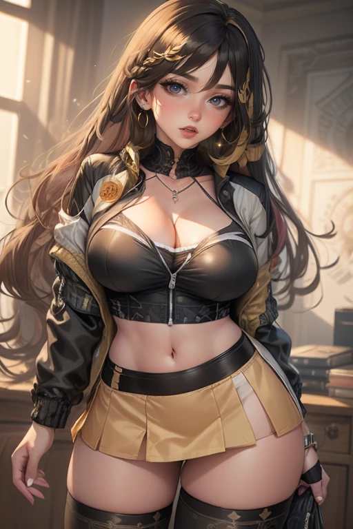 (best quality,masterpiece),superlative beautiful detailed face,age 30,(1 woman with gigantic breasts:1.6),In Harajuku shorts with (ill fit Harajuku pink T-shirt)(aerith gainsborough),(curvy),Decora Accessories,choker, cropped jacket,hair bow, bracelet,very long hair, hair ribbons and clips,cute and sexy,(Harajuku brown,red, and pink flower theme with flower effects)