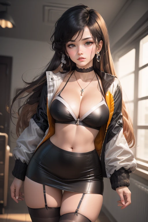 (cowboy shot: 1.5), (white background, simple background: 1.5), (masterpiece:1.5), (big breasts), 1 girl, mature woman, (Beautiful Girl:1.5), (extremely detailed and delicate anime face and eyes:1.5), whole body, (natural light, HDR, extremely details CG:1.3), (dynamic posture: 1.5), {correct body anatomy}, (wide hips:1.4), (perfect hands:1.3), single focus, toned body, Beautiful Lips, thick lips, {surreal}, {correct posture}, {minutes details}, {detailed body}, {detailed clothing}, {Bright Eyes}, (cleavage: 1.5), {accessories}, {sexy}, {solo}, (open jacket: 1.5), long sleeves, button up shirts, (short skirt: 1.3), high heels, pointe shoes, earrings, chain necklace, (black thighhighs: 1.5), black legwear, (long hair: 1.5), (two-tone hair: 1.5), (sidelocks: 1.3), (bright eyes: 1.3),