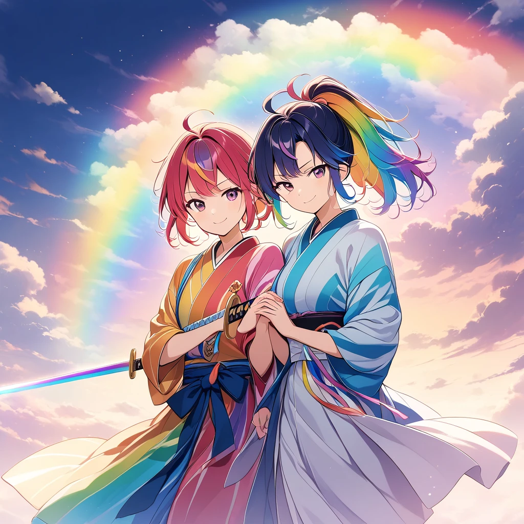 ((Official illustration style)),A female samurai holding a sword,Rainbow Sword,Hold with both hands,A strained smile,smug face,The cloud splits in two,mysterious,The rainbow breaks,Rainbow-colored kimono,Rainbow hair,Ponytail windblown hair,Glowing background,null