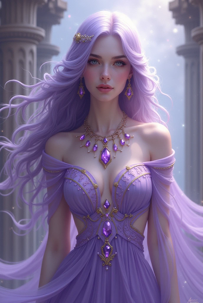 In the core of this captivating tableau, a Cryptic Enigma reigns supreme, a visual feast for the eyes, bathed in an ethereal glow. A sorceress of striking stature is the centerpiece, her cascading waves of lavender and opal locks cascading down in a radiant waterfall, each strand, intricately hand-painted with a shimmering sheen that captivates the viewer with its brilliance. Her countenance exudes a mesmerizing enigma, yet beneath it lies a soft empathy and wisdom that resonates from her gaze. Her hair, an intricate tapestry of glimmering curls