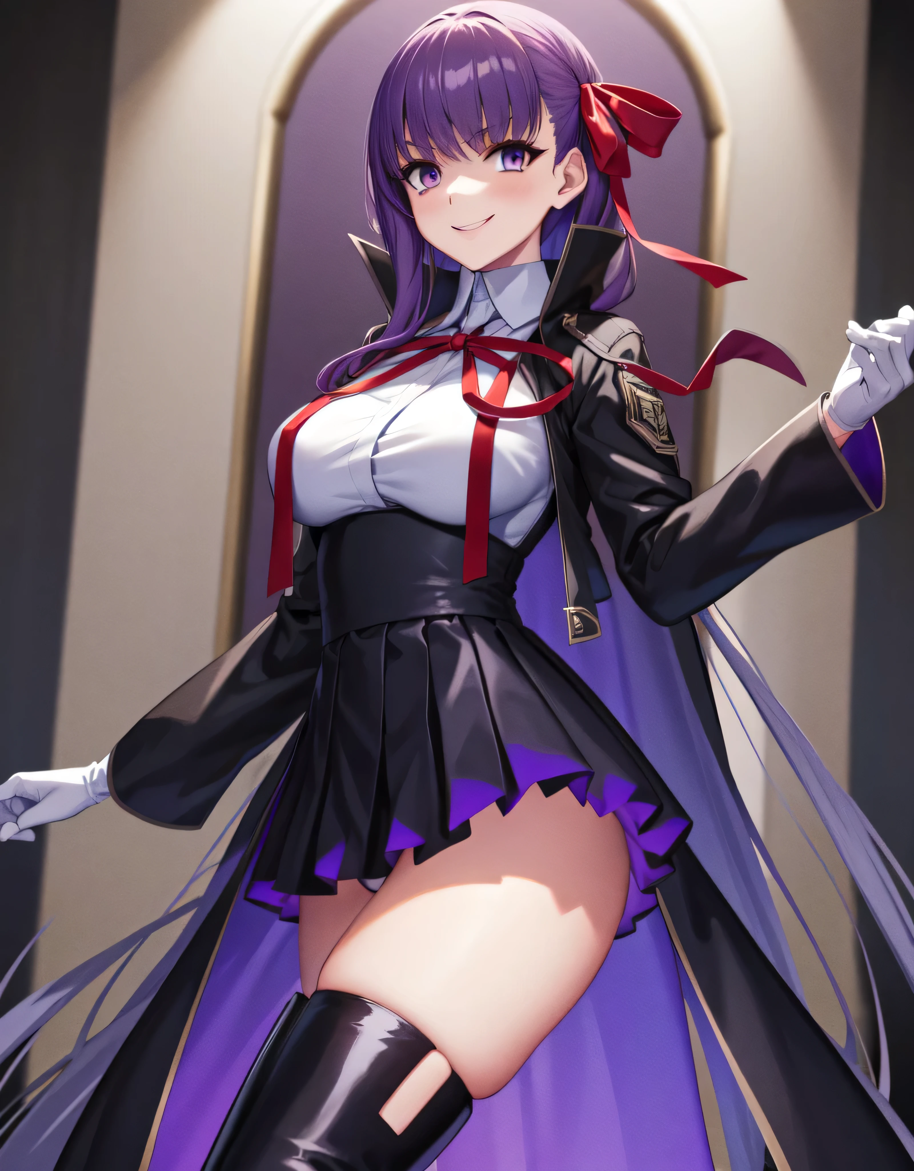  Isoscale, Mid Shot,  night, ,,, Purple Hair, Black jacket, White shirt, Black Skirt, Red ribbon, Big Breasts, Purple eyes, White gloves, Long Hair, Large collar, Wicked Smile,,shiny thigh high boots,(Wicked Smile:1.3),Highly detailed CG Unity 8k wallpaper, Perfect lighting,,Looking down at the viewer,,Anxious smile,Deep Dark World Background,Dark shadowed face(Eyes in the shadows),独奏,yandere,latex,masterpiece, Highest quality, High resolution, one person,View your viewers,look down,,Embodiment of evil,two hands,Two legs,five fingers,ruins,purple aura,beautiful body,beautiful hands,beautiful face,beautiful fingers,beautiful legs,perfect body,perfect hands,perfect legs,perfect fingers,perfect hair,purple lightning,Dark atmosphere,A Veil of Ominous Shadows,Gloomy ruins,A horrific hell