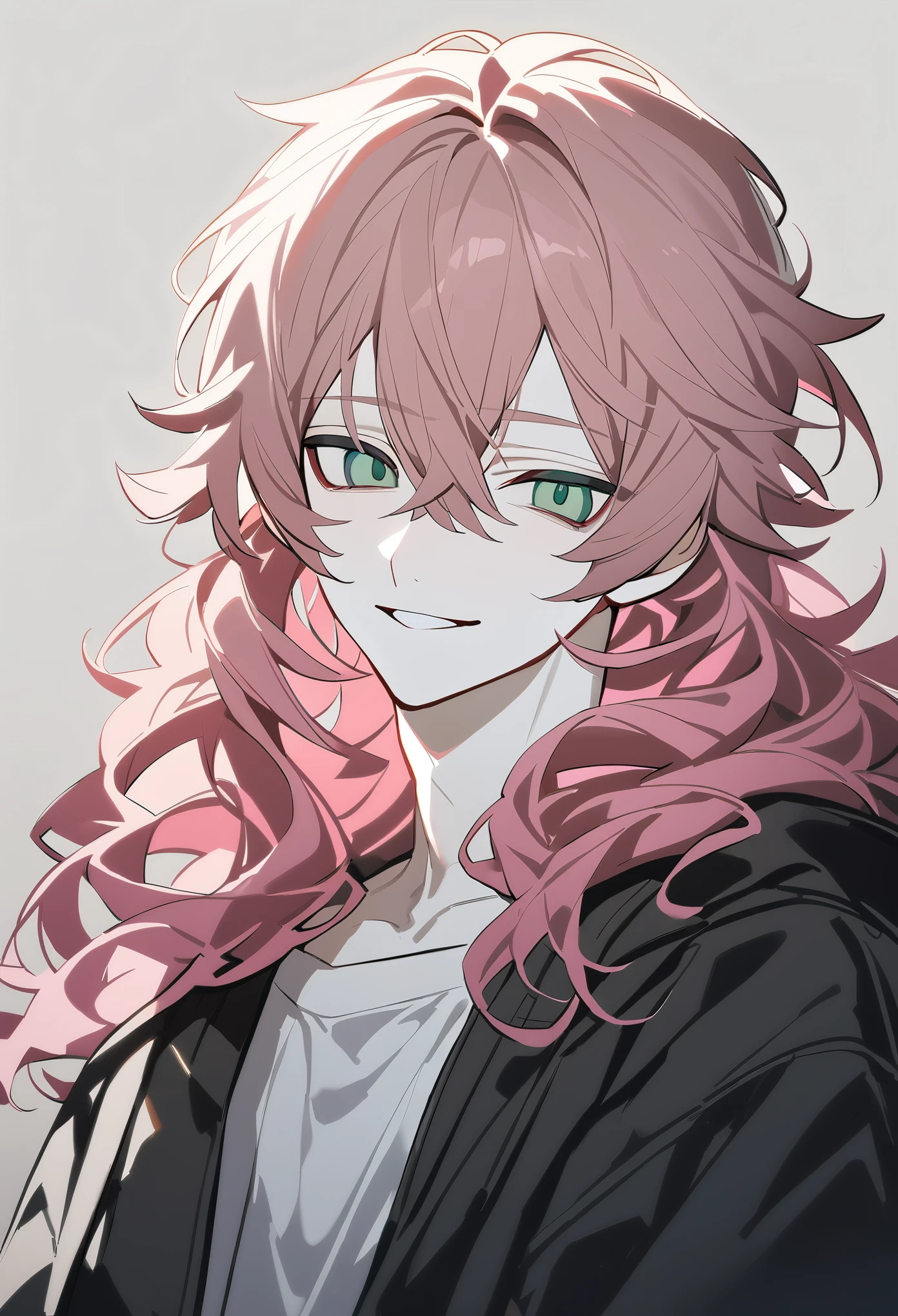 1 male, Solitary, ager，Handsome man， Pink fur, broad, Messy hair, Slightly curly hair，Wavy coat, Long bangs, Pale skin, Green Eyes, big eyes, Smile, Stoic, permanent, (), (Gray background], Simple background), Upper part of the body, masterpiece, best quality, Dynamic Angle