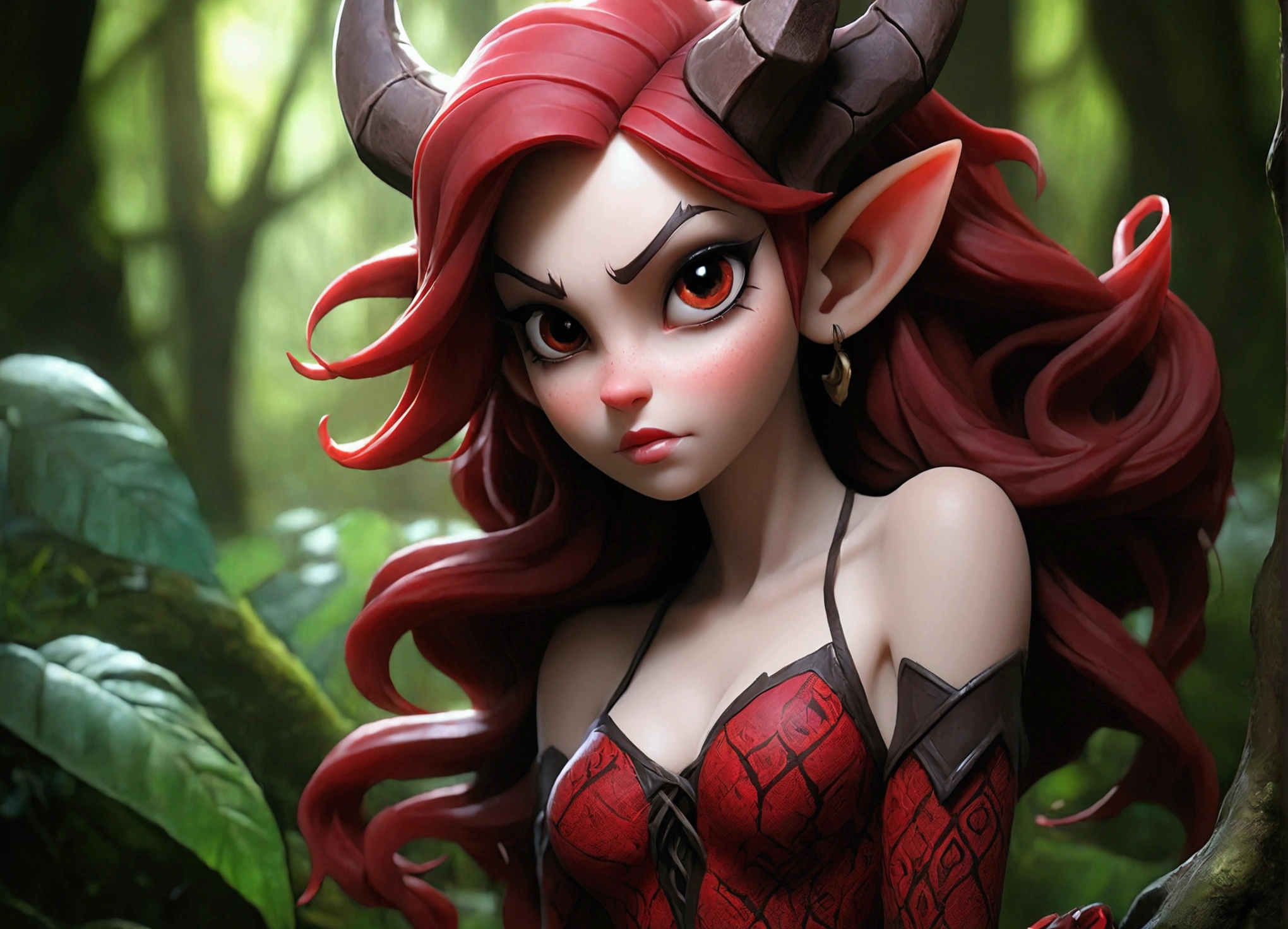 "A highly realistic and ultra-detailed image of a beautiful succubus girl in a seductive pose, wearing only lace blood-red stockings with intricate patterns. She stands in a dark, mystical forest environment, surrounded by ancient, towering trees and ethereal mist. The scene is illuminated by dramatic, cinematic lighting that casts deep shadows and highlights her alluring features. The overall atmosphere is one of dark fantasy, with a sense of enchantment and mystery. The image is rendered in 8k resolution, capturing every detail with stunning clarity, creating a true masterpiece of dark fantasy art."