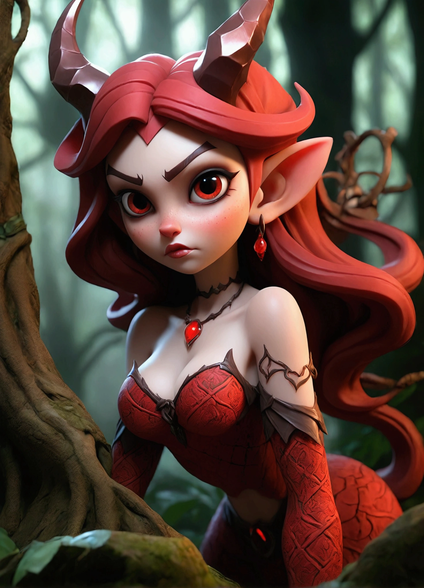 "A highly realistic and ultra-detailed image of a beautiful succubus girl in a seductive pose, wearing only lace blood-red stockings with intricate patterns. She stands in a dark, mystical forest environment, surrounded by ancient, towering trees and ethereal mist. The scene is illuminated by dramatic, cinematic lighting that casts deep shadows and highlights her alluring features. The overall atmosphere is one of dark fantasy, with a sense of enchantment and mystery. The image is rendered in 8k resolution, capturing every detail with stunning clarity, creating a true masterpiece of dark fantasy art."