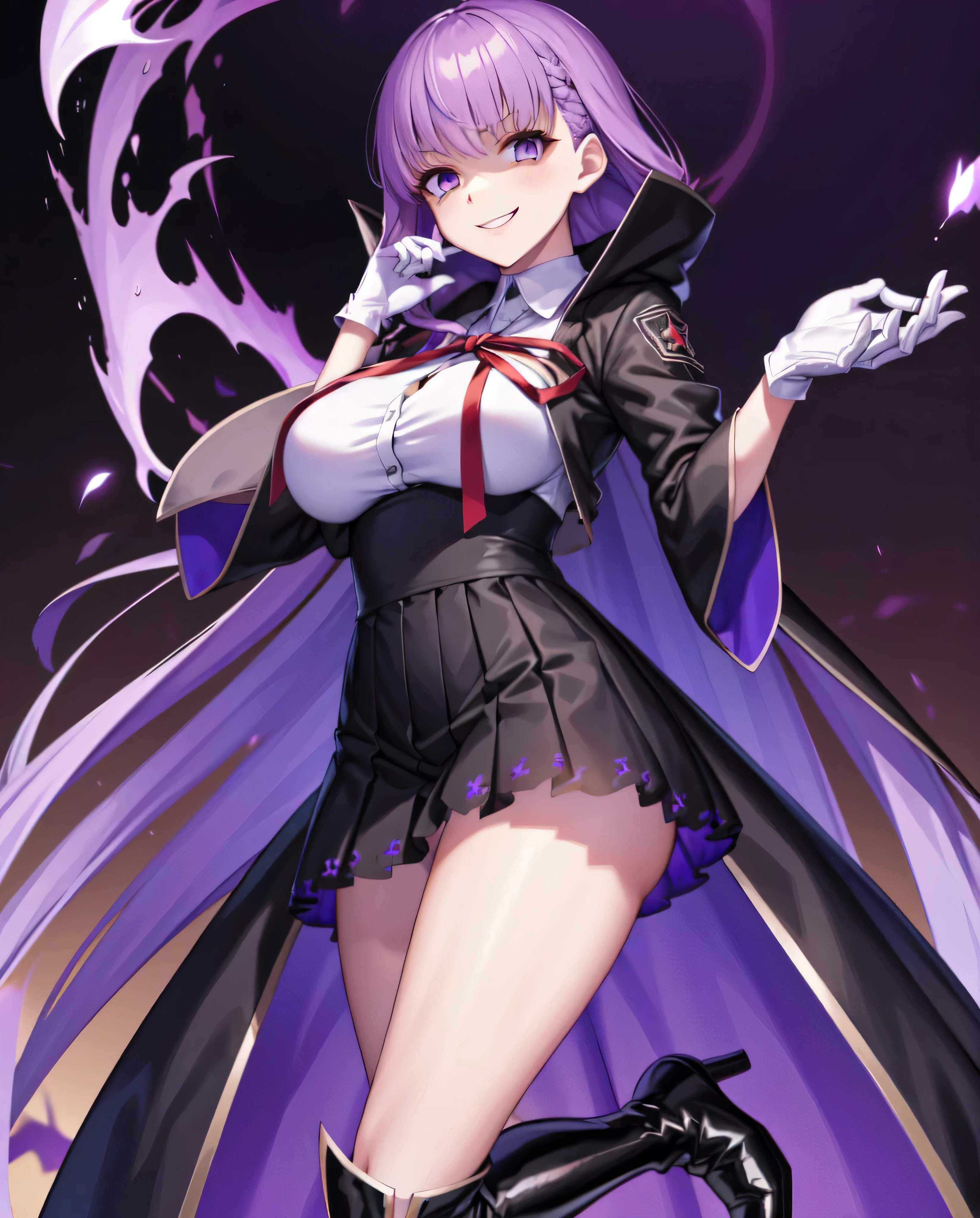  Isoscale, Mid Shot,  night, ,,, Purple Hair, Black jacket, White shirt, Black Skirt, Red ribbon, Big Breasts, Purple eyes, White gloves, Long Hair, Large collar, Wicked Smile,,shiny thigh high boots,(Wicked Smile:1.3),Highly detailed CG Unity 8k wallpaper, Perfect lighting,,Looking down at the viewer,,Anxious smile,Deep Dark World Background,Dark shadowed face(Eyes in the shadows),独奏,yandere,latex,masterpiece, Highest quality, High resolution, one person,View your viewers,look down,,Embodiment of evil,two hands,Two legs,five fingers,ruins,purple aura,beautiful body,beautiful hands,beautiful face,beautiful fingers,beautiful legs,perfect body,perfect hands,perfect legs,perfect fingers,perfect hair,purple lightning,Dark atmosphere,A Veil of Ominous Shadows,Gloomy ruins,A horrific hell