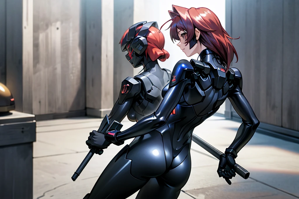 masterpiece, best quality, (extremely detailed CG unity 8k wallpaper), (best quality), (best illustration), (sexy_girl), back, exposed_back, realistic lighting, absurdres, 1girl, agami Sumika, red hair, ahoge, red eyes, yellow bow, hair intakes, large_breasts, bodysuit, military_suit, helmet, mask, sexy, long_gloves, high_heels, holding_weapon, (female_spy)