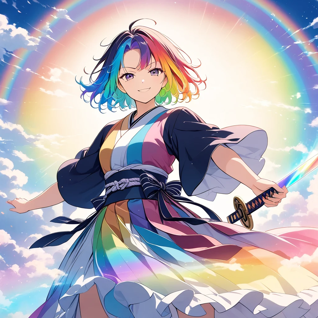 ((Official illustration style)),Female samurai holding a sword,Rainbow Sword,刀をnullに掲げる,A strained smile,smug face,The cloud splits in two,mysterious,The rainbow breaks,Rainbow-colored kimono,Rainbow hair,Hair blowing in the wind,Glowing background,null