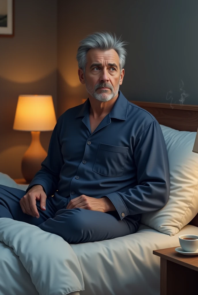 man having an anxiety attack, eyes closed, crying, disheveled hair, high quality, photorealistic, 8k, high definition, wearing nightwear, in bedroom --auto --s2