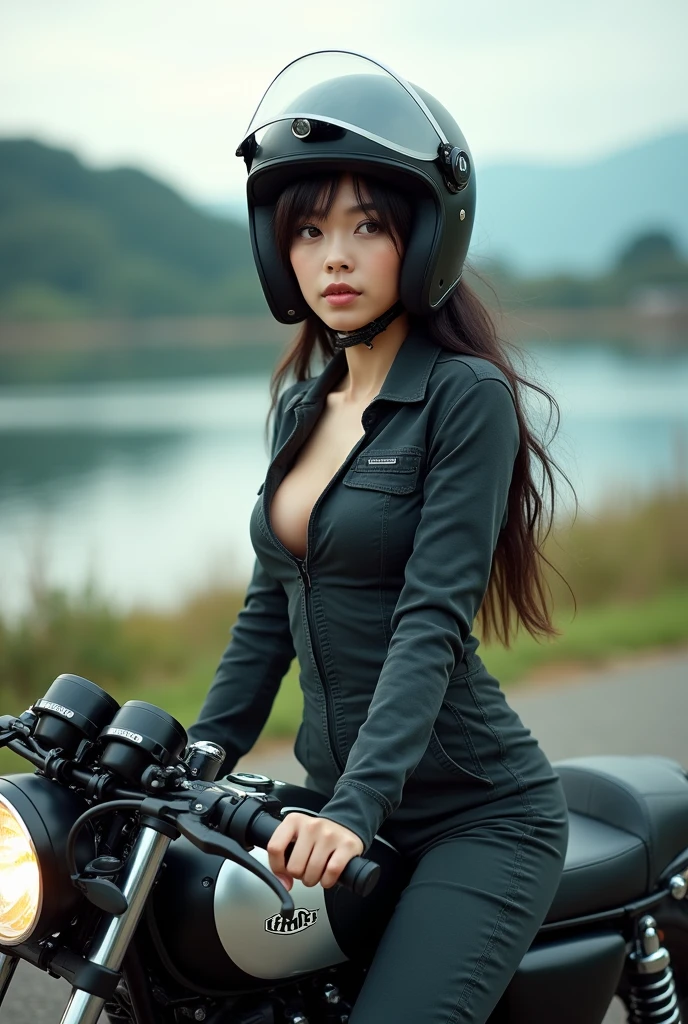 ((Best quality)), ((masterpiece)), ((perfect face)), ((detailed motorcycle))、Realistic and clear photos、((Beautiful woman on a motorcycle))、slender body、round breasts, long legs, chest decoration, full body shot、smile、(((Beige Long Sleeve Riding Jacket with Leather Pants)))