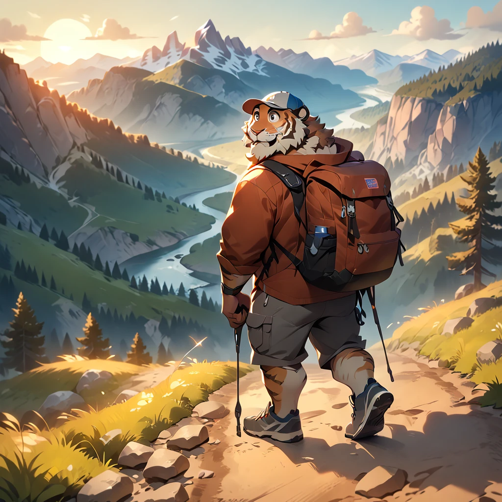 masterpiece, best quality, very aesthetic, absurdres, [face:full body:0.25], dynamic angle, looking away, american country, backpacker, plump middle-aged american tiger man, fluffy body, brown eyes, beautiful beard, male face, big face, square jawline, male eyes, sharp eyes, big eyes, male eyebrows, innocent look, happy, little smile, backpack, baseball cap, half pants, sneaker, standing, hiking, dynamic pose, BREAK [simple background::0.25], morning, mountain, path, riverside, outdoor,