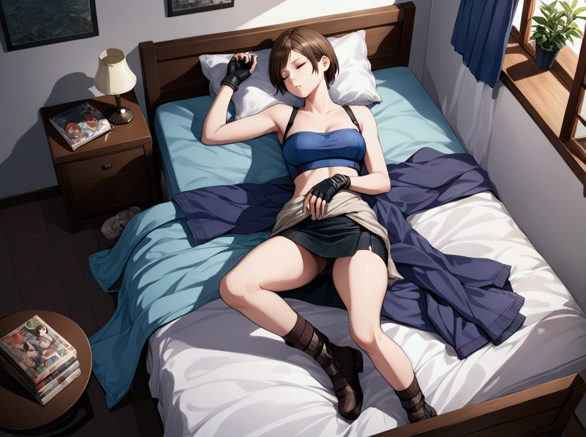 realistic anime illustration of Jill Valentine is sleeping on bed, closed eyes, above view, bird eyes view, she wears : {RE3Jill, tube top, clothes around waist, black pencil mini skirt, fingerless gloves, cleavage}, (1girl, solo, full body), (masterpiece, best quality, japanese anime style), (expressive eyes, perfect face, perfect body)