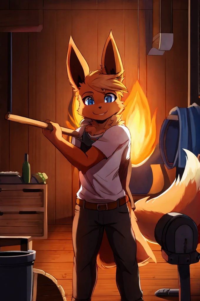 angel, solo, by itihi3 イチヒ(Ichihi), by Donkeyramen, by wfa, dog female, shaggy tail, blue eyes, looking forward, cute snout, wearing black shorts, sitting on a wooden chair, a table in front of him, in a burning kitchen, the kitchen is on fire, stiff sitting position, flooding house, jello flood:4, everything is in jello flood