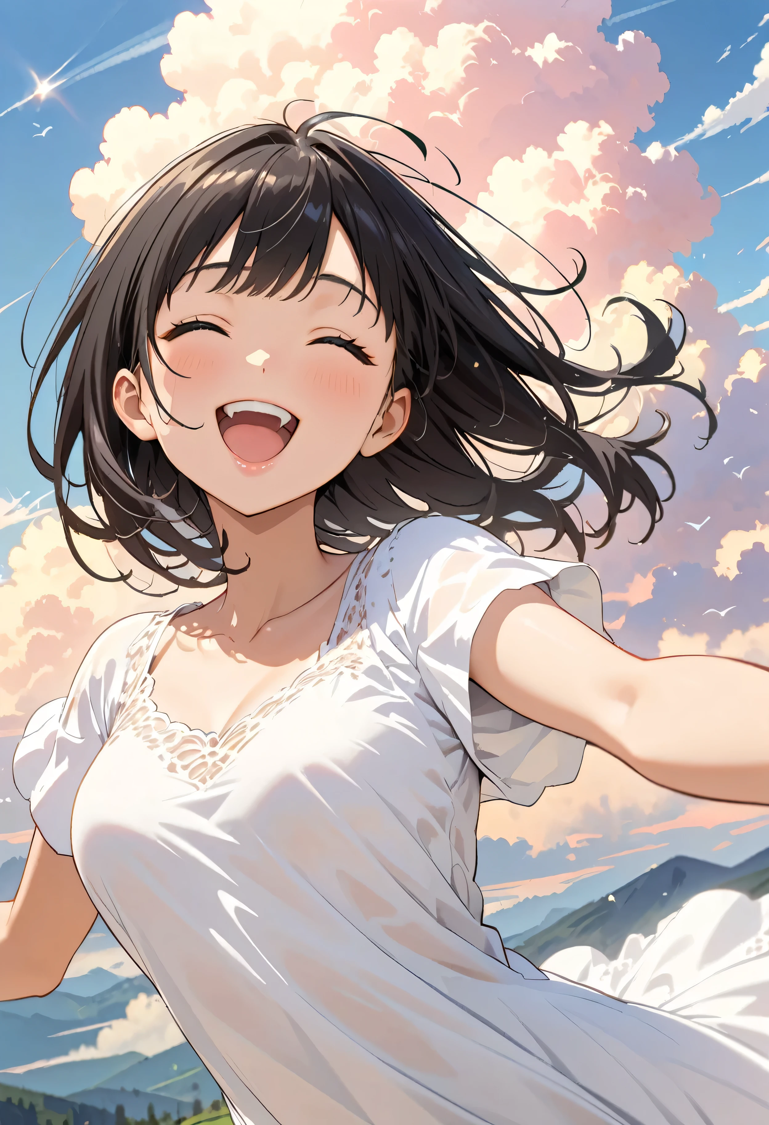 Highest quality, Very detailed, up to date, Vibrant, masterpiece, Highest quality, Best aesthetics, Floating in the sky, on the clouds, Pastel clouds, fly in the sky, Blurred Background, Above, One woman, Black Hair, face up shot, smile, big smile, Get excited, barefoot, ((White Dress)), Dynamic Angle, dynamic, Floating, Dynamic pose, The wind is blowing, Vivid light, Colorful Scenes, momentum, anime style