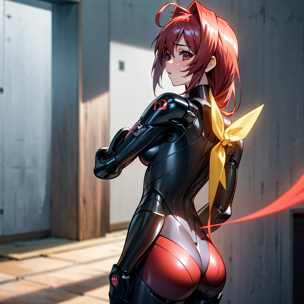 masterpiece, best quality, (extremely detailed CG unity 8k wallpaper), (best quality), (best illustration), (sexy_girl), back, exposed_back, realistic lighting, absurdres, 1girl, agami Sumika, red hair, ahoge, red eyes, yellow bow, hair intakes, large_breasts, bodysuit, military_suit, sexy, long_gloves, (female_spy)