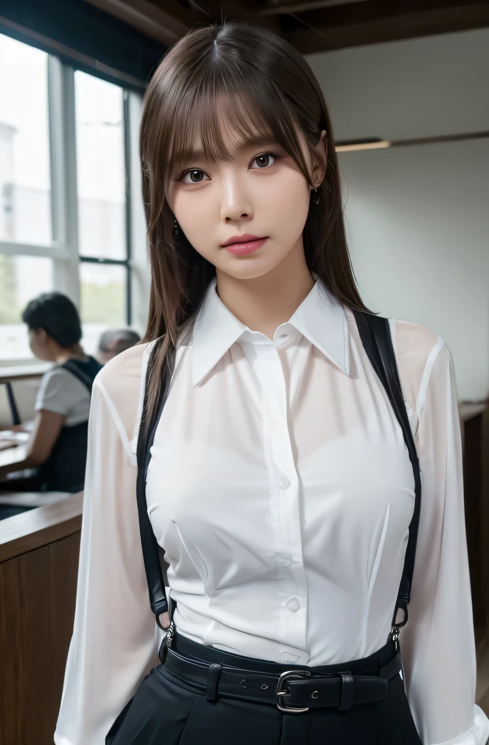 a woman in a suit, belt, hands behind back, sweating, suspenders, black pants, sexly, large breasts, see-through clothing, rain, detective, office worker, white button-up shirt, (best quality,4K,8k,highres,masterpiece:1.2),ultra-detailed,(realistic,photorealistic,photo-realistic:1.37),hyper-detailed,highly detailed face and body, Slender　thin　suspenders　Moderate breasts　See-through shirt　Nipples　holster　chain　Pistol　Armament　criminal　Female criminal　knife 　
