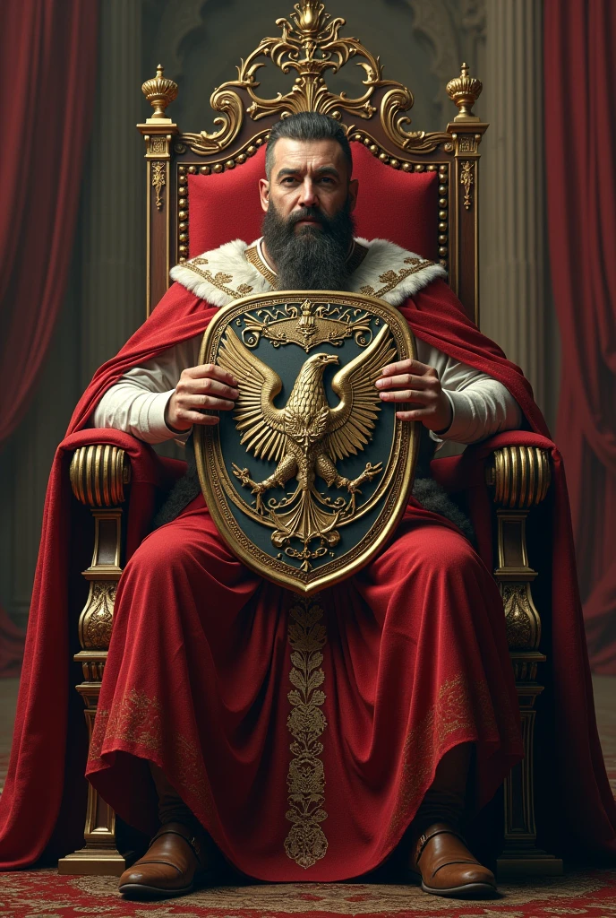 a powerful, handsome, and imposing emperor, with European features, and a serene and seductive countenance. wearing a crown, holding a scepter and sitting on a throne with a falcon.