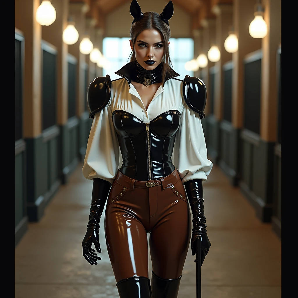 <lora:ponygirl-000001:0.7>,  ponygirl, 1girl, leather corset, leather collar, cow mask, corset, mask around neck, bdsm, breasts, day, elbow gloves, gloves, harness, horns, leather, lips, nipple piercing, nipples, outdoors, piercing, realistic, solo, tree, horse mask