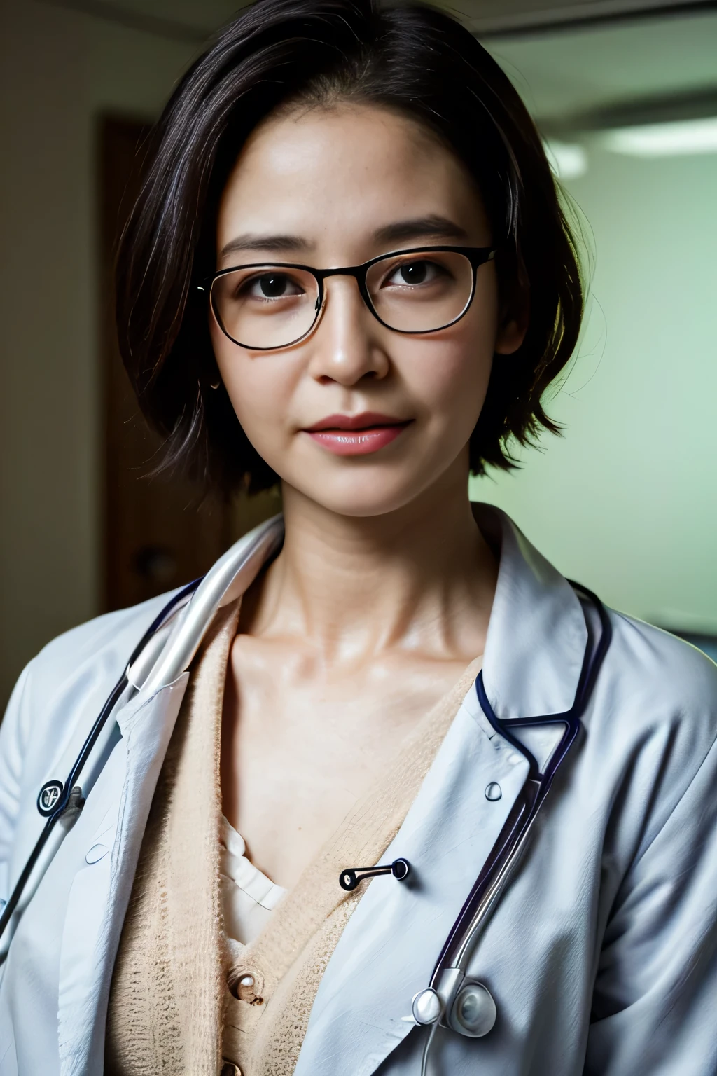 Portrait of a female hyperrealist by David Hockney and Alphonse Mucha, photorealistic, dynamic lighting, art station, poster, volumetric lighting, highly detailed face, 4k, award-winning, 1woman, darkness, deep shadows, low key, portrait, (((((Doctor: 1.4)))), shorthair, black hair, glasses