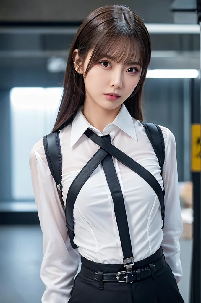 a woman in a suit, belt, hands behind back, sweating, suspenders, black pants, sexly, large breasts, see-through clothing, rain, detective, office worker, white button-up shirt, (best quality,4K,8k,highres,masterpiece:1.2),ultra-detailed,(realistic,photorealistic,photo-realistic:1.37),hyper-detailed,highly detailed face and body, Slender　thin　suspenders　Moderate breasts　See-through shirt　Nipples　holster　chain　Pistol　Armament　criminal　Female criminal　knife 　 Hands Behind Back　Constraints
