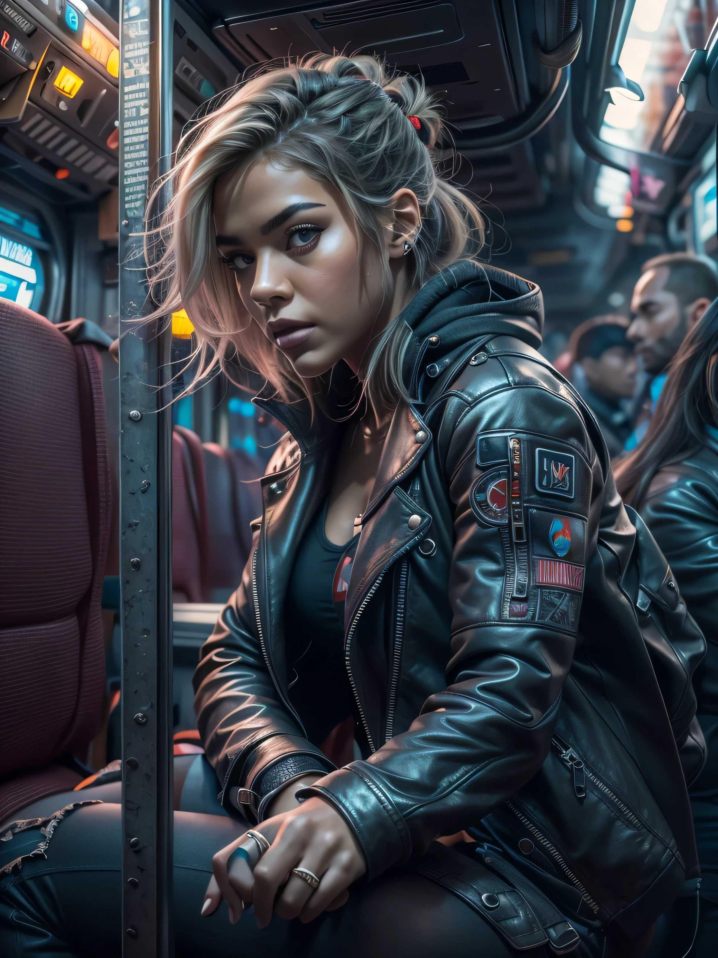 (((Masterpiece))),Best Quality,realistic perspective, High-resolution photograph,realistic details,sharp focus, Cyberpunk scene of a girl riding a train, train is crowded,a girl, she is wearing leather jacket and black pants, she is sitting, futuristic scene,Depth of field, (extremely intricate:1.3),4k, 8k