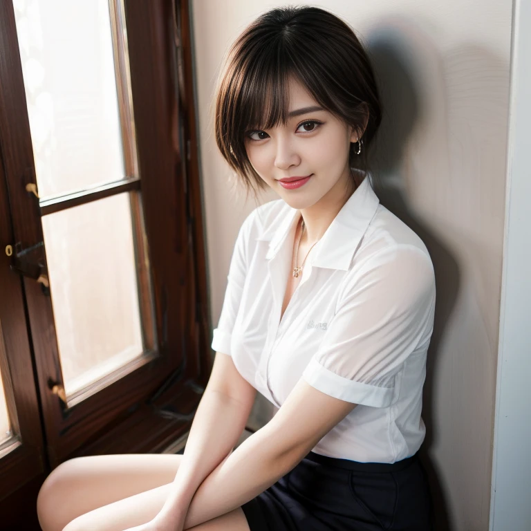 (highest quality,masterpiece:1.3,Ultra-high resolution),(Super detailed,Caustics,8k), (Photorealistic:1.4, RAW shooting),darkness,Night Classroom,Japanese,20-year-old,smile,Natural Makeup,Black short hair,(White shirt),Big Breasts,moonlight,Waist up shot