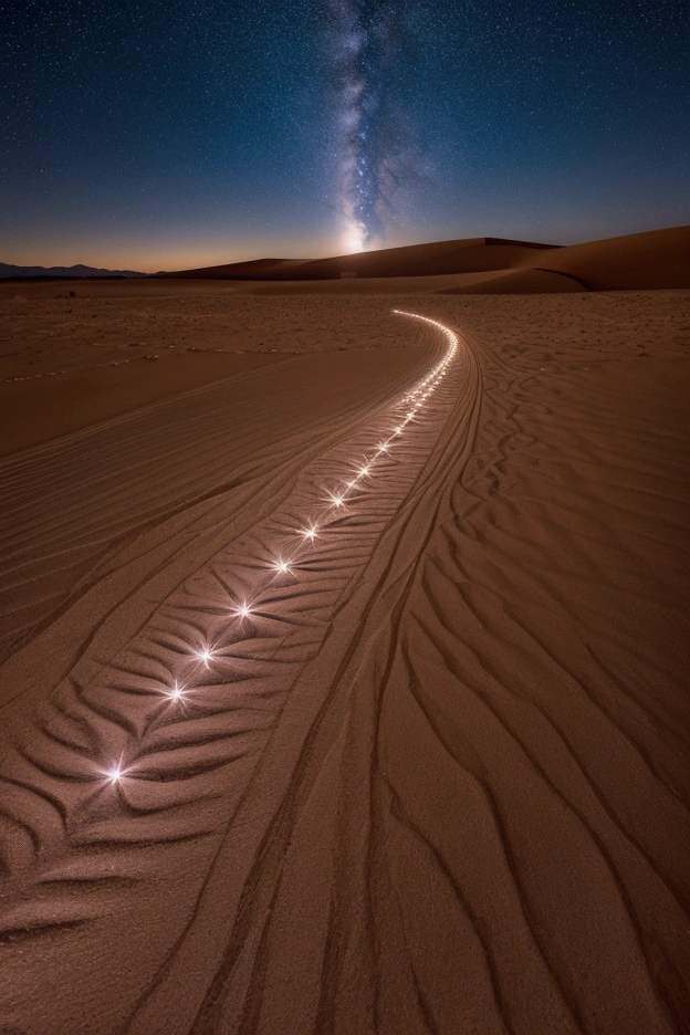 desert night of crystal, reflecting the light of the stars, sand patterns beautiful