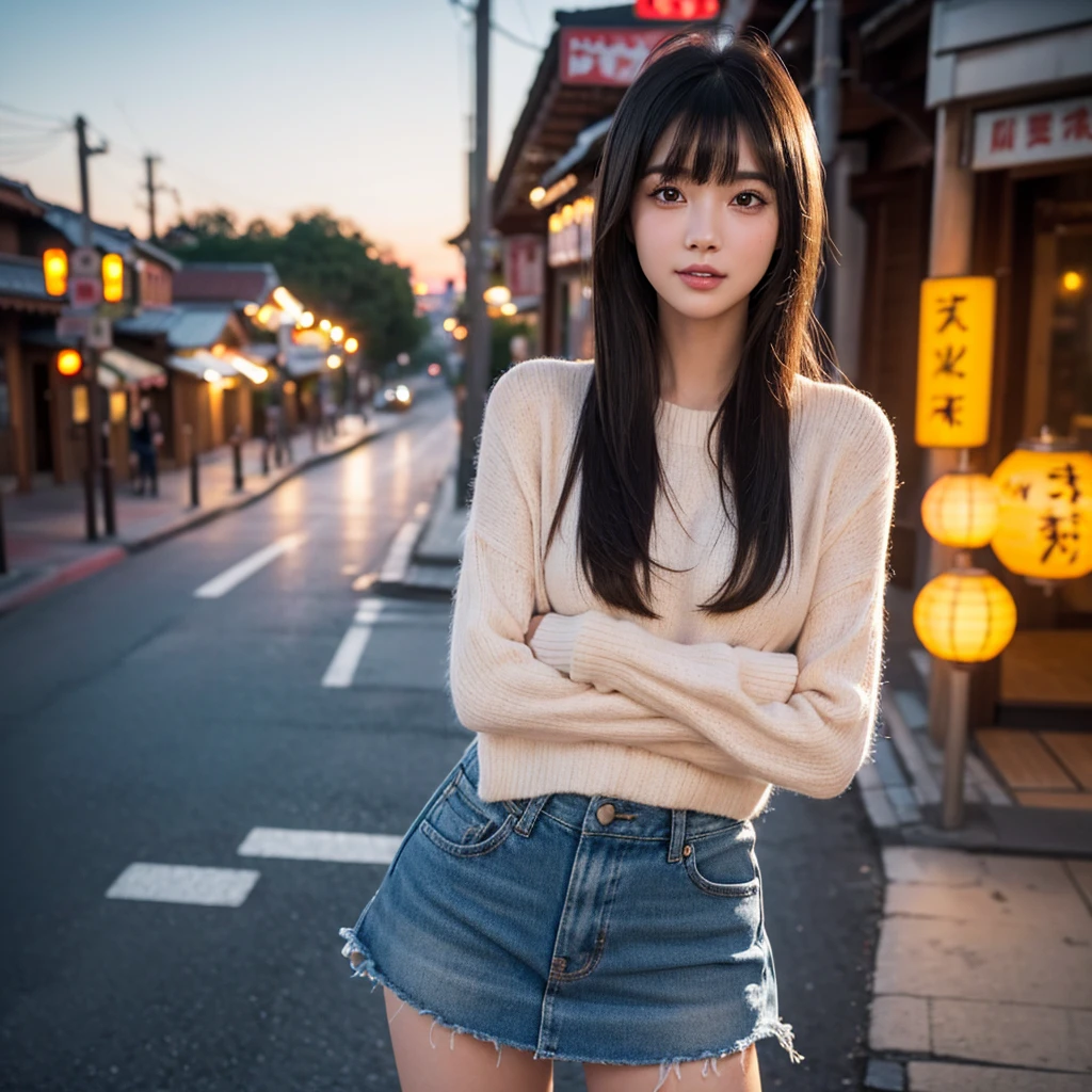 1girl in、(looking looking at viewer)、(bokeh dof:1.1)、Parted lips、deadpan、realisitic、tights、skirt by the、sky line、realisitic、アップskirt by the、skirt by theリフト、top-quality、masterpiece:1.3、超A high resolution、Angle of view from below:1.3、Close-up in the crotch:1.5、Embarrassed look、The background is a night view、(Look Viewer)、(美丽的面容:1.3)、(sitting on a bench with legs apart)