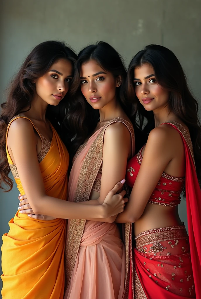 Three indian girls, blue saree, backless blouse, back pose, hugging, posing for a shoot