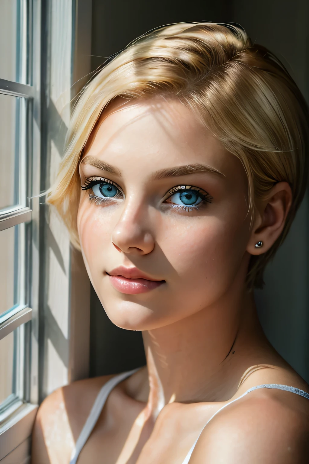 A woman with blonde short hair lies elegantly on a white bed, framed by the soft hues of light gray and light brown, in the style of a serene and beautiful portrait. Her innocent face, adorned with natural makeup, gazes out of the window with a captivating expression. The sun casts a warm and luminous quality on her fair complexion, bringing out the intricate details and realistic textures of her skin. Her piercing blue eyes, full of depth and character, are highlighted by the gentle focus of the camera lens.

This exquisitely detailed masterpiece was shot using a Fujifilm XT4 with a high-resolution sensor, capturing