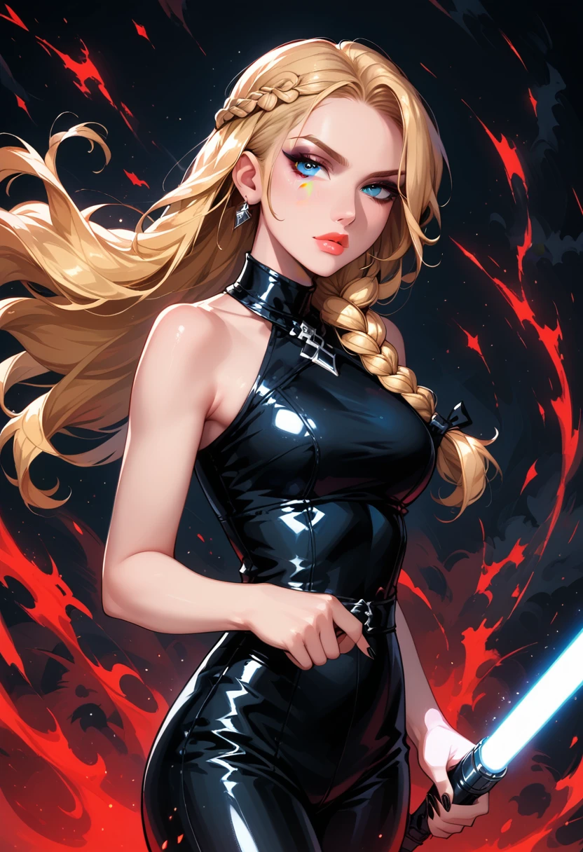 Dark Fantasy Art of score_9, score_8_up, score_7_up, rating_questionable, fantasy, lighting, epiCPhoto 1girl, solo, Sith Lord (ASTRIDHOFFERSON, blonde hair, braid, Long hair, blue eyes:1.2), (black latex top and latex pants:1.1), bare shoulders, bare arms, flirt, gaze, menacing look, half-closed eyes, head tilt, filled lips, thick lips, makeup, confident look, holding single red LightSaber, attack stance, modelling shoot, sexy pose, black background, red haze, dark, moody, dark fantasy style, cowboy shot.