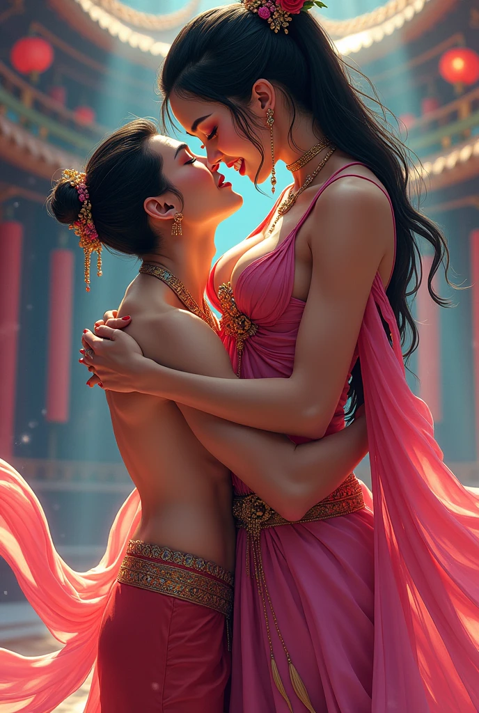 portrait,(NSFW 0.75) (one man and one woman, hugging each other))((touching eachother, kissing))((muscular man, princess pose)) ,very very big breast, soft nylon sexy saree , orange , pink ,teal,red, yellow colour ,flower design modern light wedding saree, colorful, flower armor, good anatomy, best quality, (((masterpiece))), high quality, realist, best detailed, details, realist skin, skin detailed, underboobs, beautiful posing under a fairy tale of exotic magic,lehenga choli, girl immersed in water , soaked saree, meadows background , bokeh effect , chubby , sleeping in bed, t,off shoulder, strapless blouse, different saree wearing style,(multi chain jewellery blouse),(wearing jewellery on blouse)(buttocks and looking back)