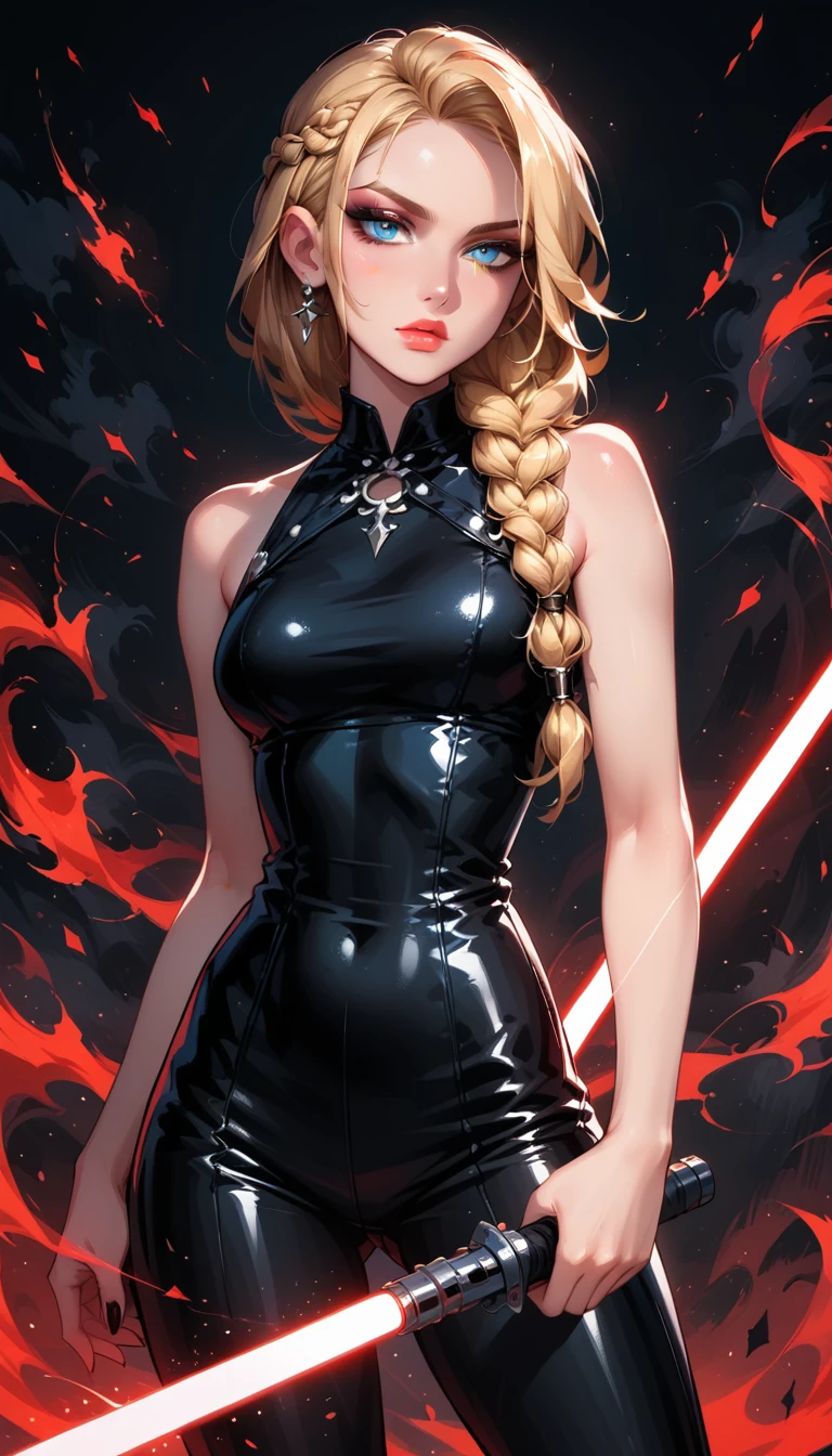 Dark Fantasy Art of score_9, score_8_up, score_7_up, rating_questionable, fantasy, lighting, epiCPhoto 1girl, solo, Sith Lord (ASTRIDHOFFERSON, blonde hair, braid, Long hair, blue eyes:1.2), (black latex top and latex pants:1.1), bare shoulders, bare arms, flirt, gaze, menacing look, half-closed eyes, head tilt, filled lips, thick lips, makeup, confident look, holding single red LightSaber, attack stance, modelling shoot, sexy pose, black background, red haze, dark, moody, dark fantasy style, cowboy shot.