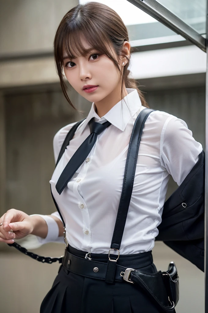 a woman in a suit, belt, hands behind back, sweating, suspenders, black pants, sexly, large breasts, see-through clothing, rain, detective, office worker, white button-up shirt, (best quality,4K,8k,highres,masterpiece:1.2),ultra-detailed,(realistic,photorealistic,photo-realistic:1.37),hyper-detailed,highly detailed face and body, Slender　thin　suspenders　Moderate breasts　See-through shirt　Nipples　holster　chain　Pistol　Armament　criminal　Female criminal　knife 　 Hands Behind Back　Constraints
