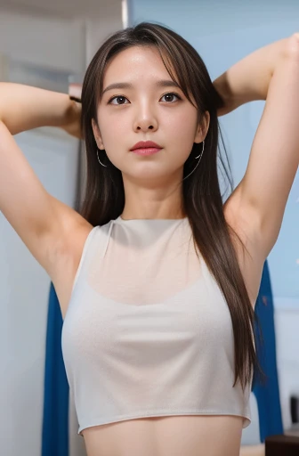 Woman in sleeveless clothes、whole body、（（Very small breasts:2.5、Sweaty、Greasy Hair:2））、（Show your armpits、Joli armpits:1.5）