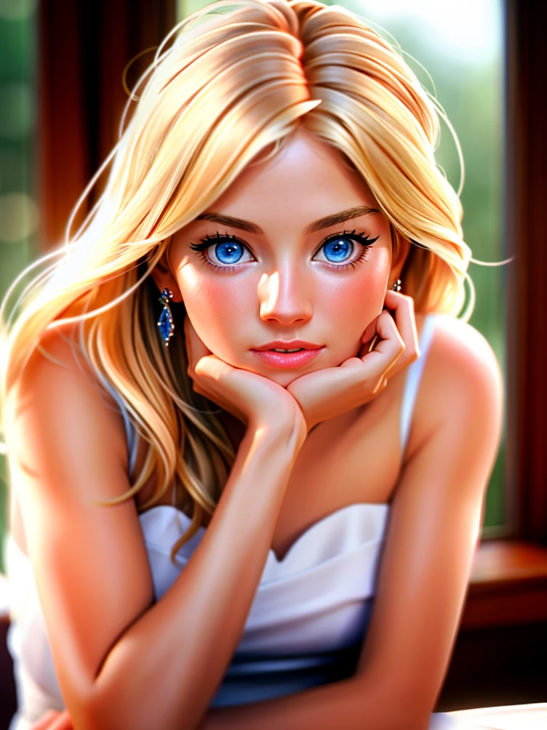 Realistic photo of a beautiful s13nn4m-v2 woman,  1girl, solo, long hair, looking at viewer, blue eyes, blonde hair, dress, bare shoulders, jewelry, upper body, sleeveless, white dress, blurry, bracelet, lips, head rest, realistic, nose, soft lighting, professional Photography, Photorealistic, detailed, RAW, analog, sharp focus, 8k, HD, high quality, masterpiece