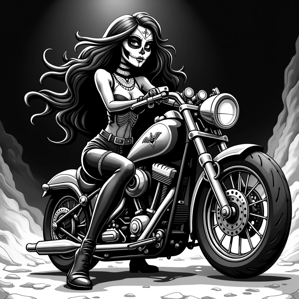 (Black and white doodle style cartoon) Holy Death, mexican skull face, Short straight hair, empowered woman, leather outfit, motorcyclist, moto custom