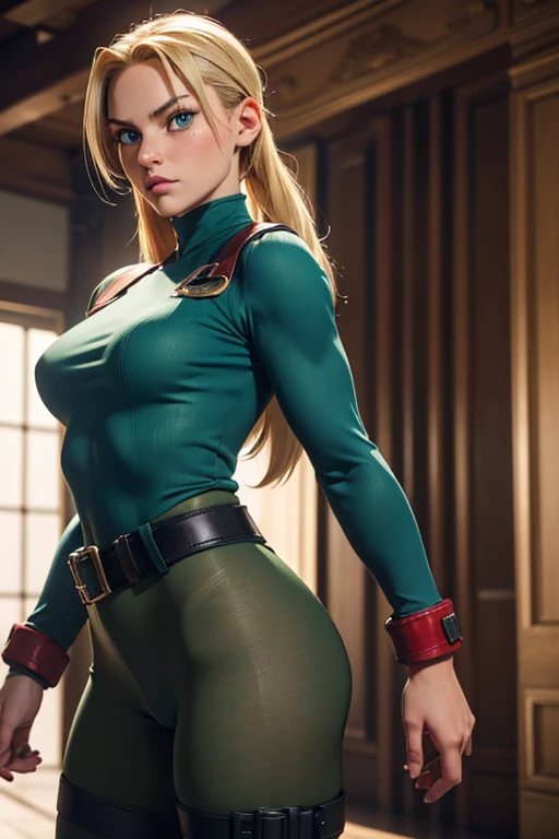 1 girl, Cammy, Street Fighter, military blue tights, black military boots, green beret, half nude, nationality England United Kingdom, Height 1cm, weight 46 kg, beautiful and detailed blue-green eyes, loose blonde hair, Bust 86 cm, belt 57 cm, hips 88 cm, Shadaloo fighting techniques, Delta Red Self Defense Training, (best qualityer,4K,8k,high resolution,work of art:1.2),ultra detali,(realisitic,photorealisitic,photo-realisitic:1.37),cinema quality, realisitic photography, ultra high definition