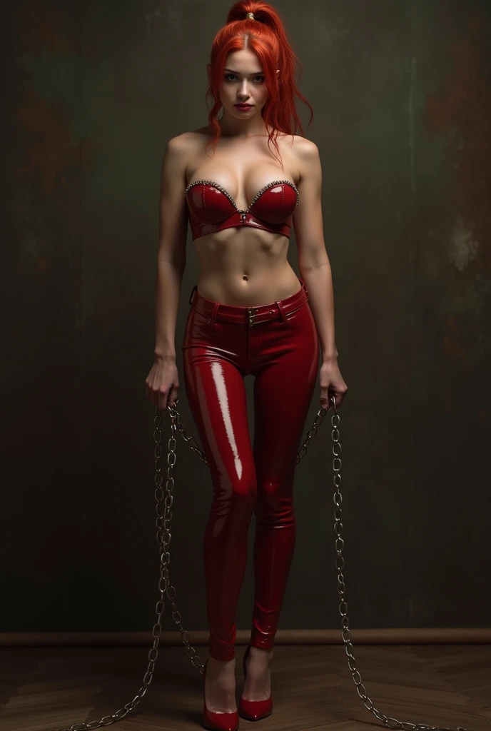 ultra realistic, photography, long red hair, girl, 2, hourglass figure, perfect body, Flirty look, extremely detailed artgerm, in the style artgerm, small breasts, in a bdsm dungeon, dominatrix, shiny latex outfit and pants, standing, legs spread, dominant, (full body shot:1.1) photorealistic image of a (standing pose:1.1) woman, full body, wide angle, wide angle shot, she is holding a chain in her hands, her hair is in a tight ponytail
