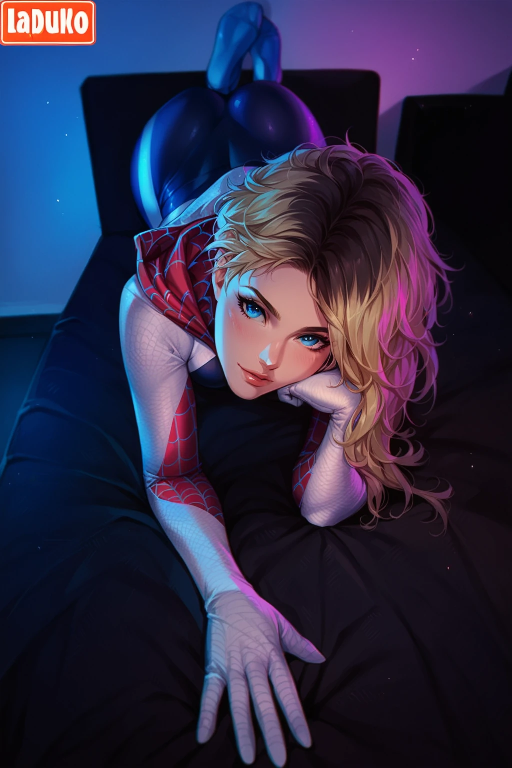 1girl solo looking at viewer blue eyes blonde hair full body multicolored hair lying hood bodysuit watermark on stomach web address asymmetrical hair head rest animification superhero spider web print hooded bodysuit Click a tag to select it. You can then bulk delete